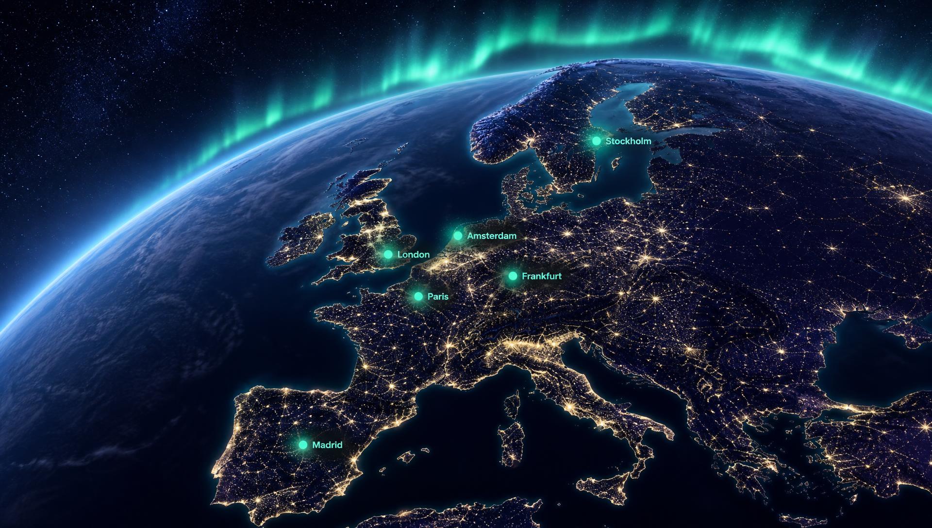 Karta över Europa från rymden på natten med Stockholm, London, Paris, Frankfurt, Amsterdam och Madrid markerade
